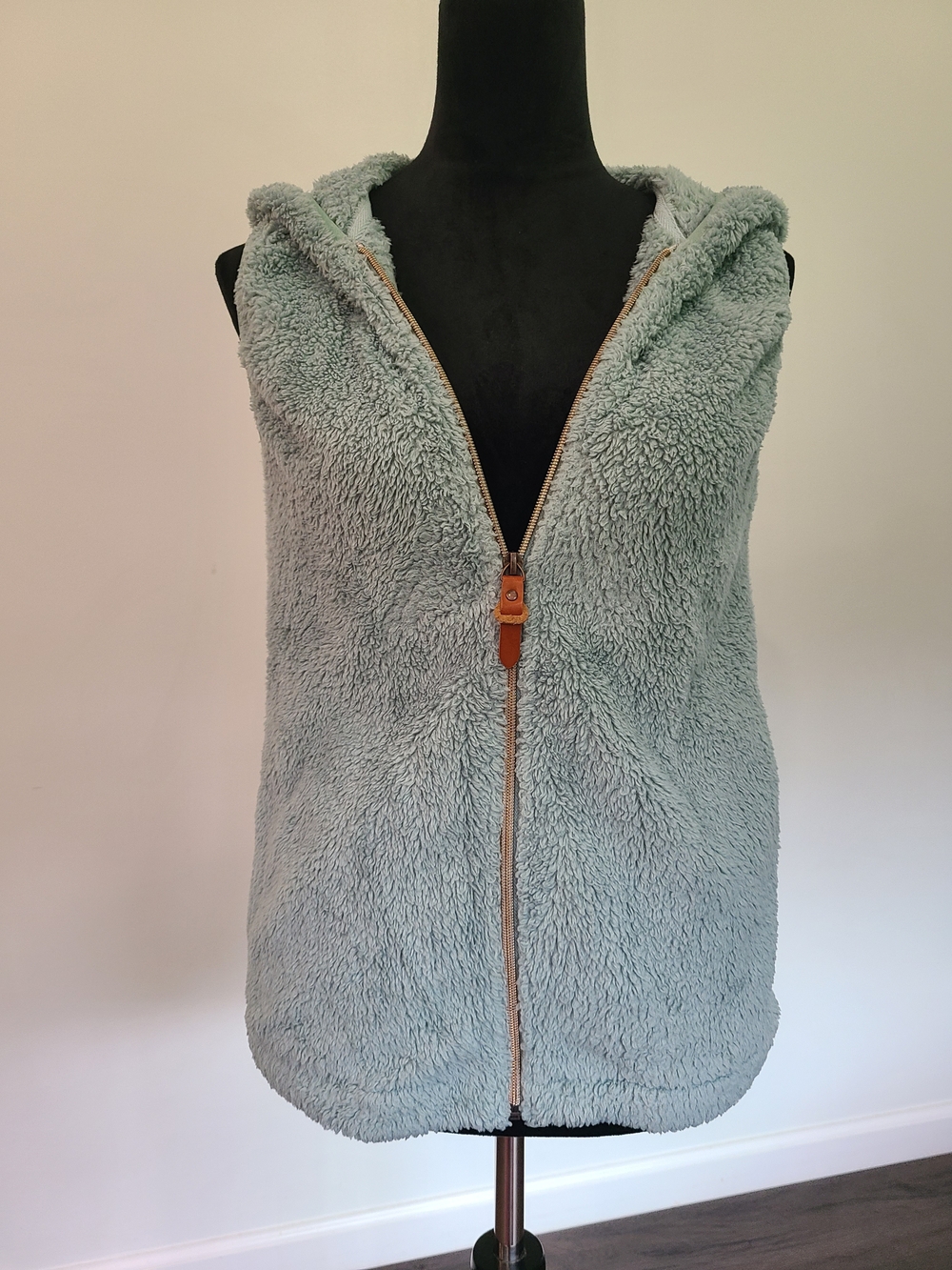 Light Sage Hooded Sherpa Vest with Front Zip